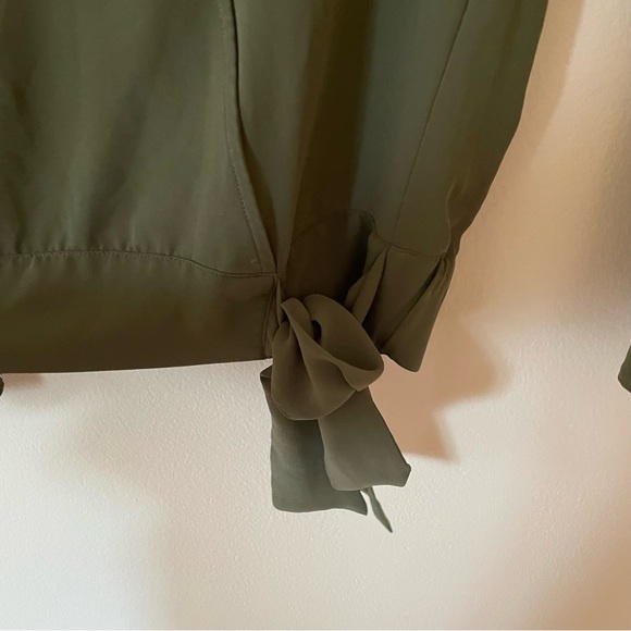 Loft Olive Green Long Sleeve Bell Sleeve Faux Wrap Shirt Small - Picture 4 of 13